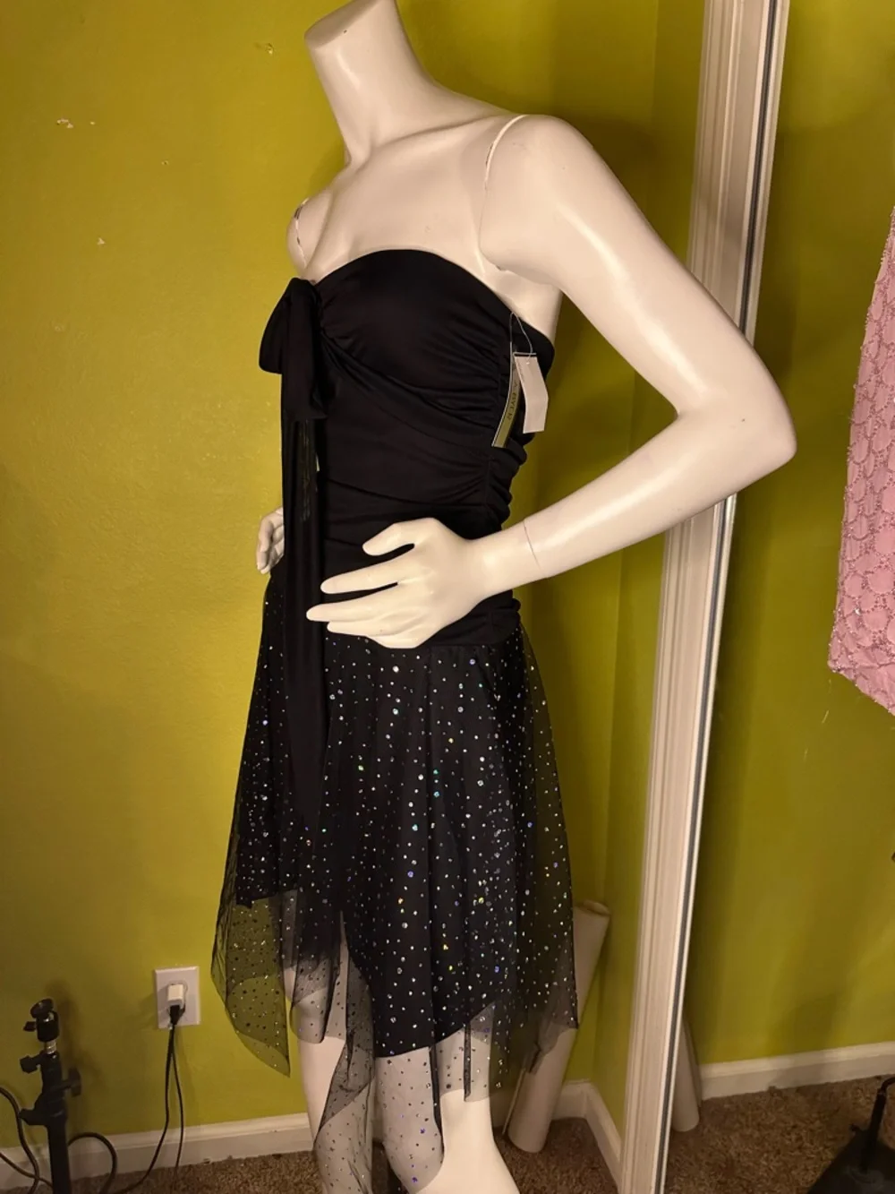 NWT A.Byer Black Strapless Mini Dress with Sparkly Polka Dot Skirt Detailing - Picture 2 of 8
